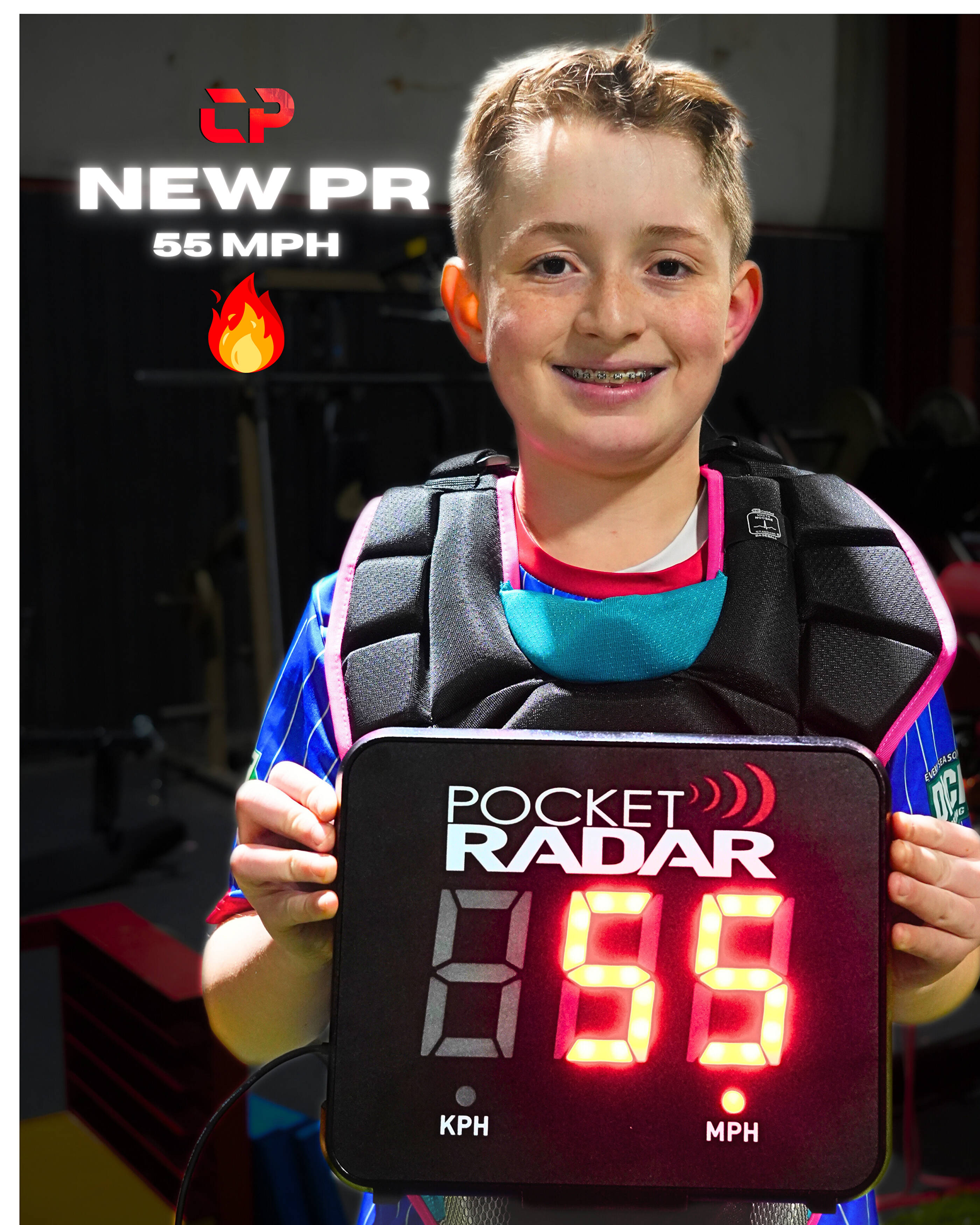 Young catcher showing a measured throwing velocity result