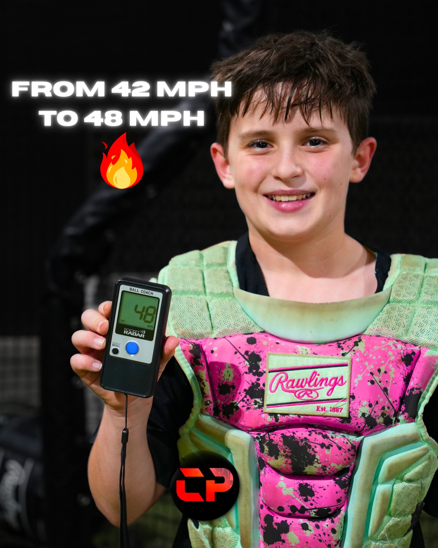 Catcher holding a radar device with a graphic showing progress from 42 to 48 miles per hour