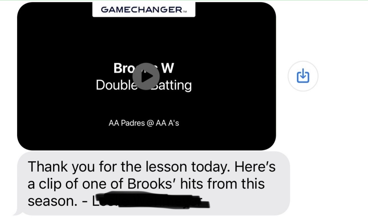 Family message thanking the coach after a lesson and sharing a game clip