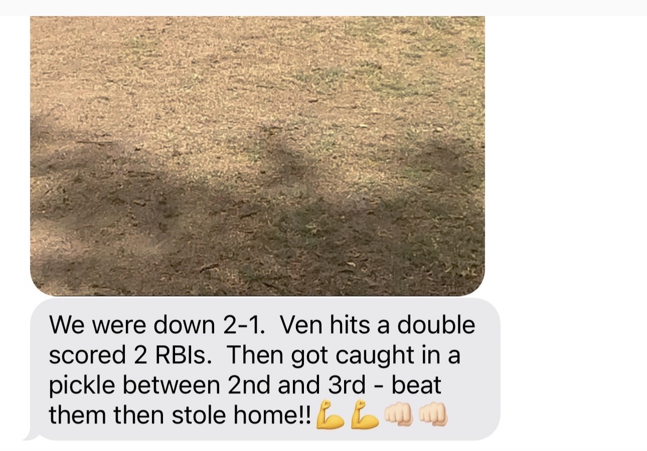 Family message describing a double, two runs batted in, and a stolen home