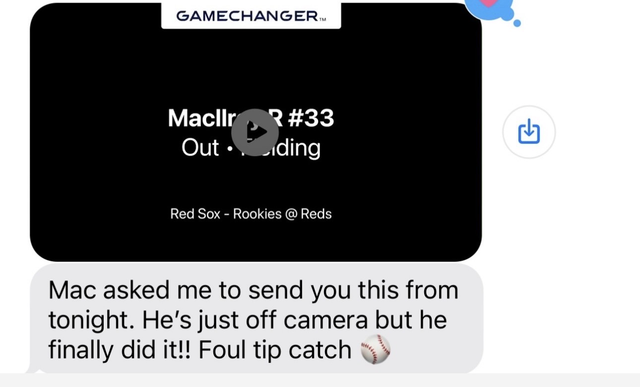 Family message celebrating a foul-tip catch in a game