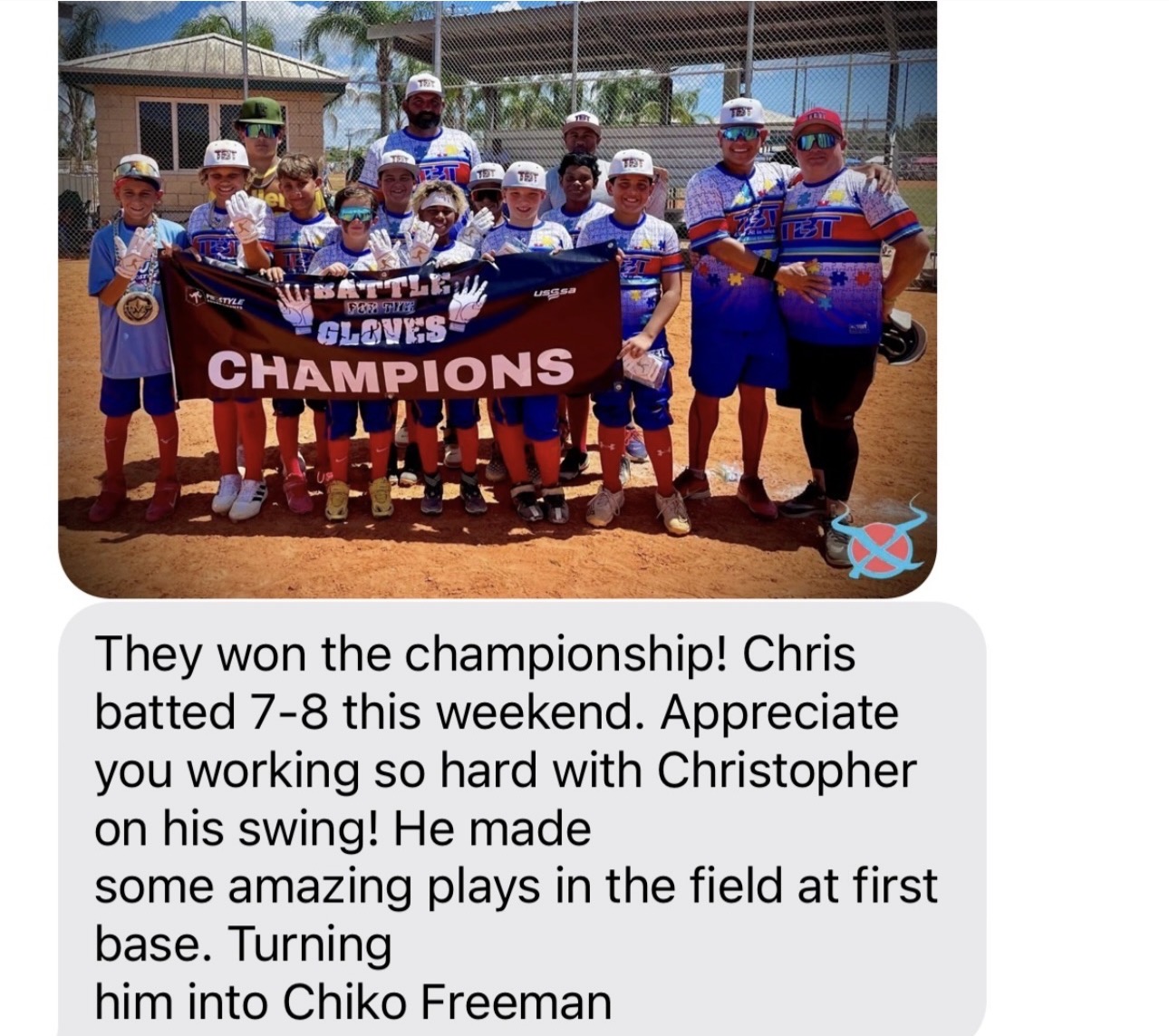 Championship team photo paired with a family message about a strong weekend