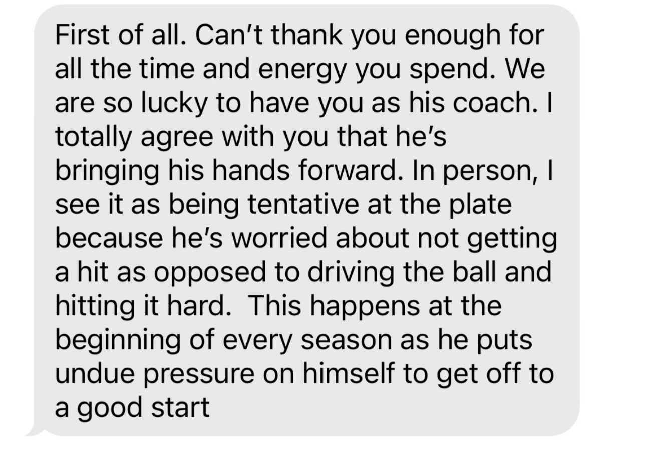 Parent message thanking the coach for his time, energy, and detailed feedback