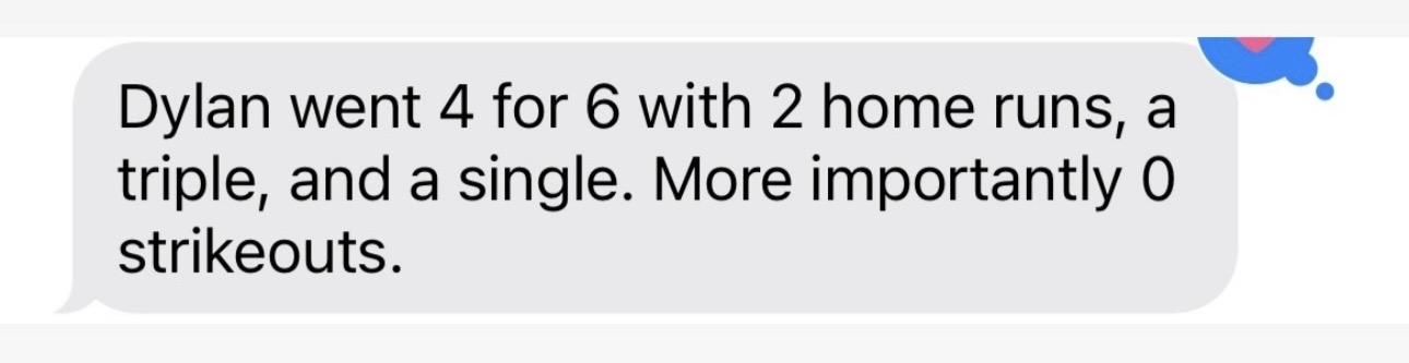 Family message reporting two home runs, a triple, and no strikeouts