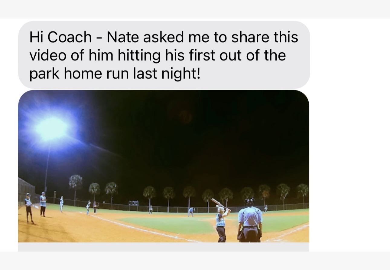 Family message celebrating a player’s first out-of-the-park home run