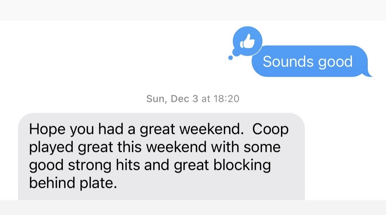 Family message celebrating strong hits and blocking behind the plate