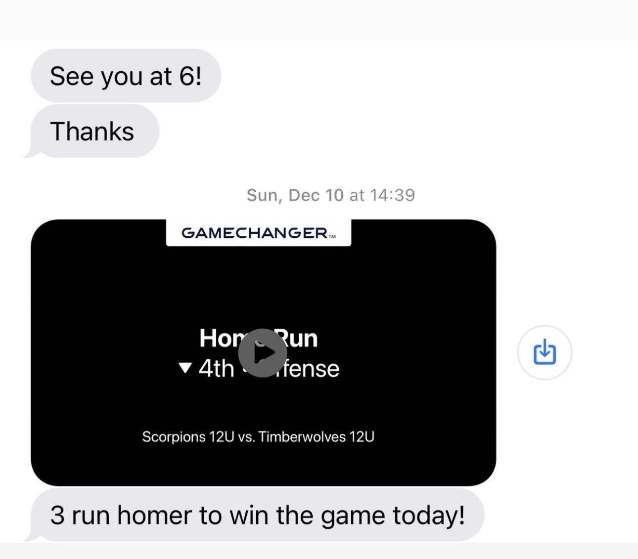 Family message sharing a three-run home run that won the game