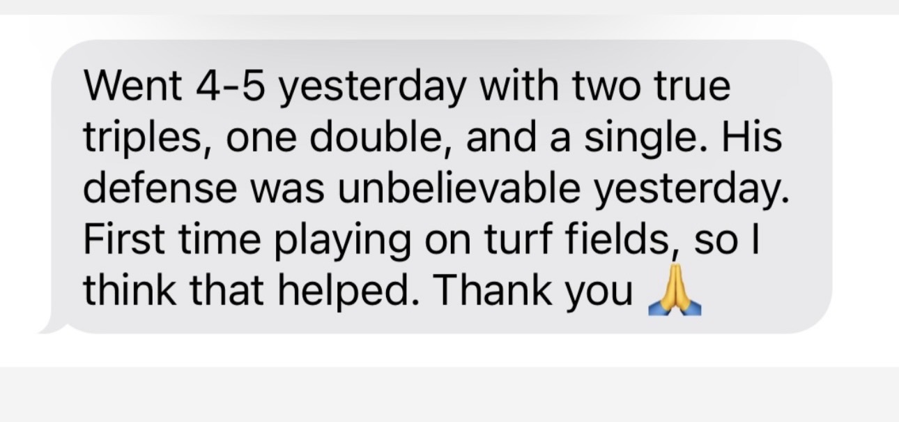 Family message reporting a four-hit game and strong defense