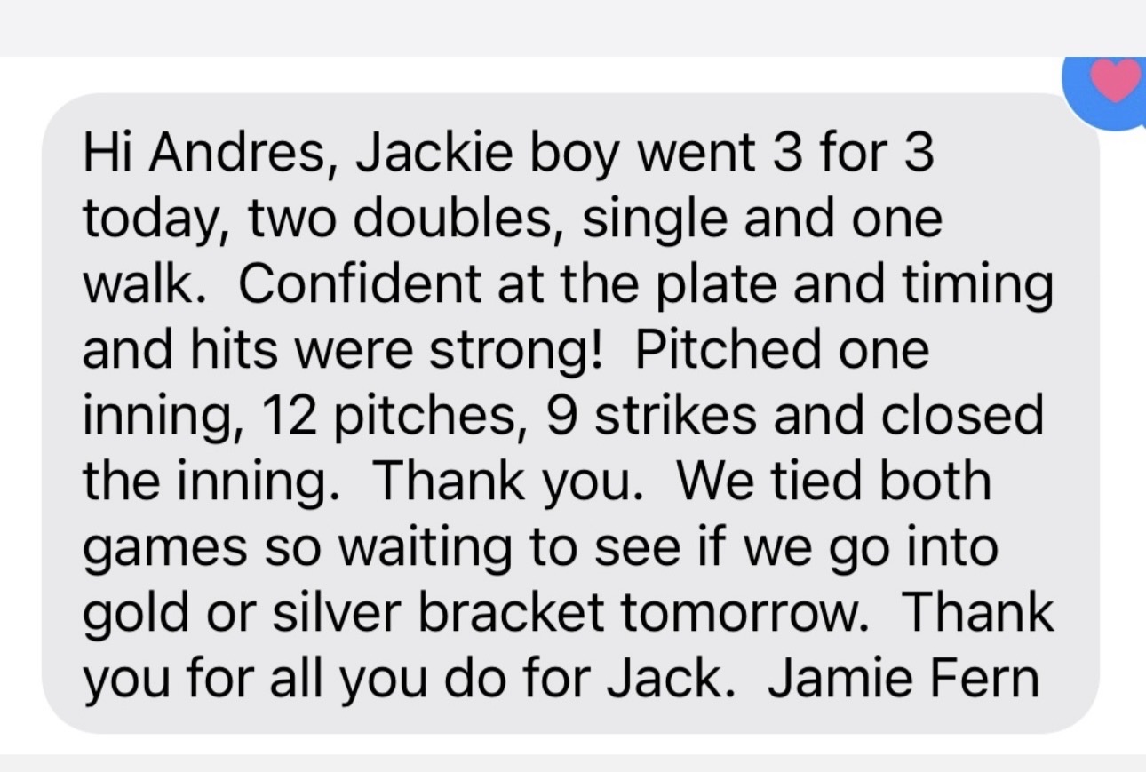 Parent message describing a confident performance at the plate and on the mound