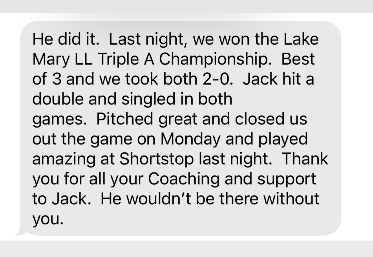 Family message celebrating a championship and thanking the coach for his support