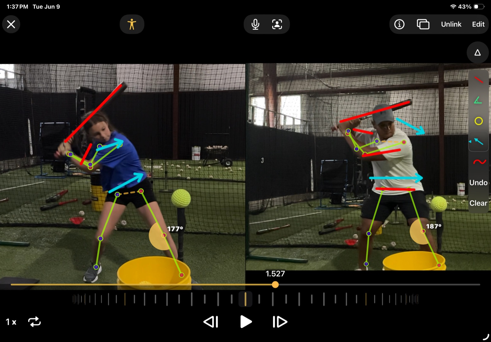 Side-by-side hitting analysis with joint angles, movement lines, arrows, and a comparison swing