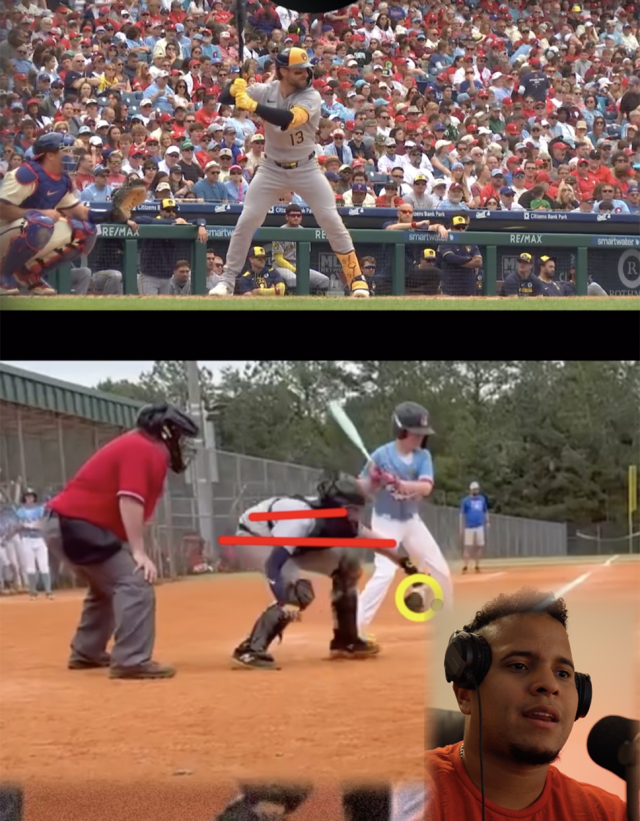 Catcher receiving video analysis with visual reference, coaching marks, and our team explaining the correction