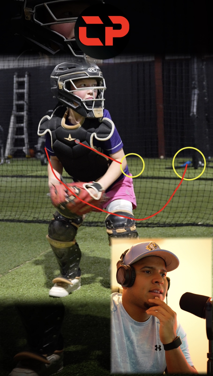 Youth catcher transfer analysis with red movement path, yellow target circles, and our team explaining the correction